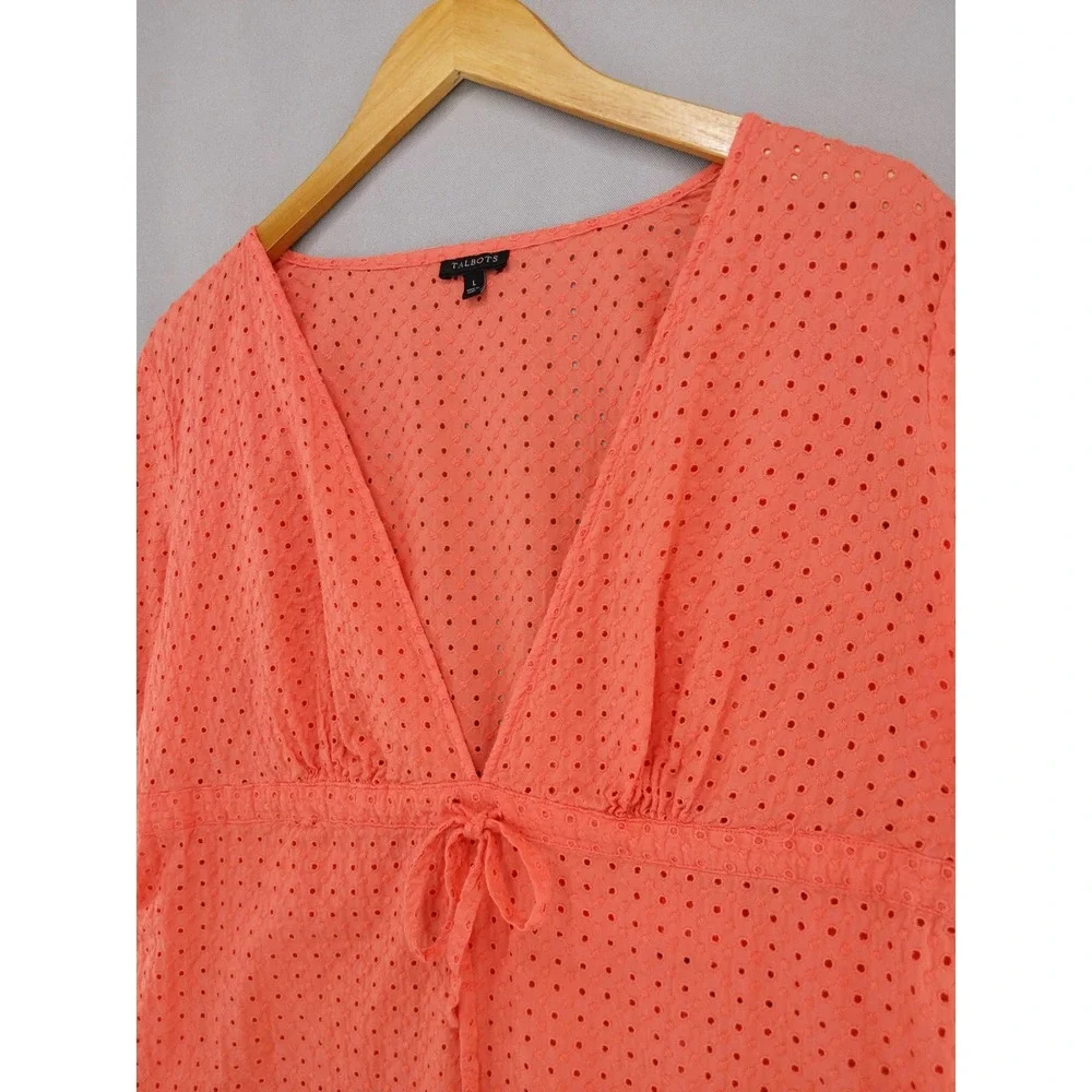 Talbots Eyelet Tunic Size L Coral Orange Empire Waist V-Neck Cotton 3/4 Slv